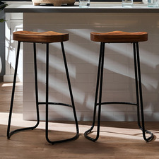 75cm Premium Vintage-Style Elm Wood Barstools with Black Legs (Set of 2)