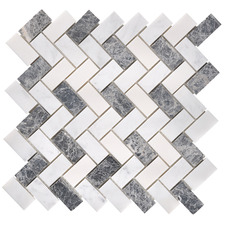 White & Black Herringbone Honed Marble Mosaic Tile