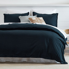 Navy Fringed Maia Cotton-Linen Quilt Cover Set