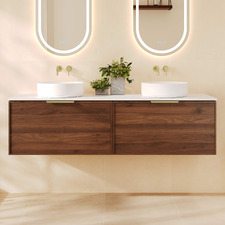 Olomana 1500mm Walnut Woodmatt Wall Hung Double Vanity with Stone Countertop
