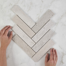 Elias Tumbled Grey Large Herringbone Travertine Mosaic Tile