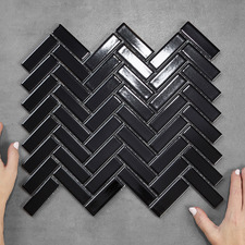 Carlotta Black Satin Herringbone Porcelain Mosaic Tile