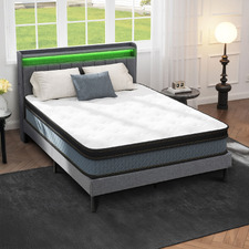 Grey Lusamine Linen Queen Bed with LED & Charging Station