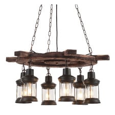 Allen Wheel Pine Wood 6 Lamp Pendant Light