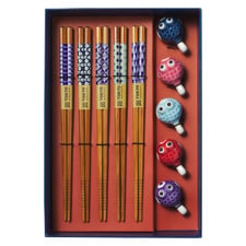 5 Pair Bamboo Chopsticks with Blow Fish Rests Gift Set