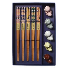 5 Pair Bamboo Chopsticks with Dog Rests Gift Set