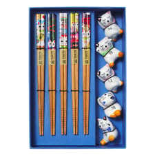 5 Pair Bamboo Chopsticks with Lucky Cat Rests Gift Set