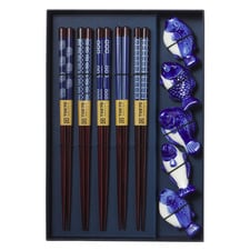 5 Pair Chopsticks with Blue Fish Rests Gift Set