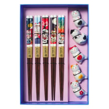 5 Pair Chopsticks with Neko Cat Rests Gift Set