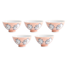Pink Kawaii Fish and Cat 11.4cm Porcelain Bowls (Set of 5)