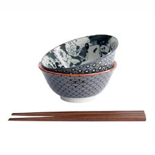 4 Piece Asakusa Samurai & Ninja Porcelain Bowl & Chopstick Set