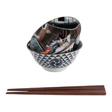 4 Piece Asakusa Geisha & Matsuri Porcelain Bowl & Chopstick Set