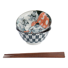 4 Piece Asakusa Kabuki & Sumo Porcelain Bowl & Chopstick Set