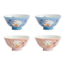 4 Piece Kawaii Maneki-Neko Cat 11.3cm Porcelain Bowl Set