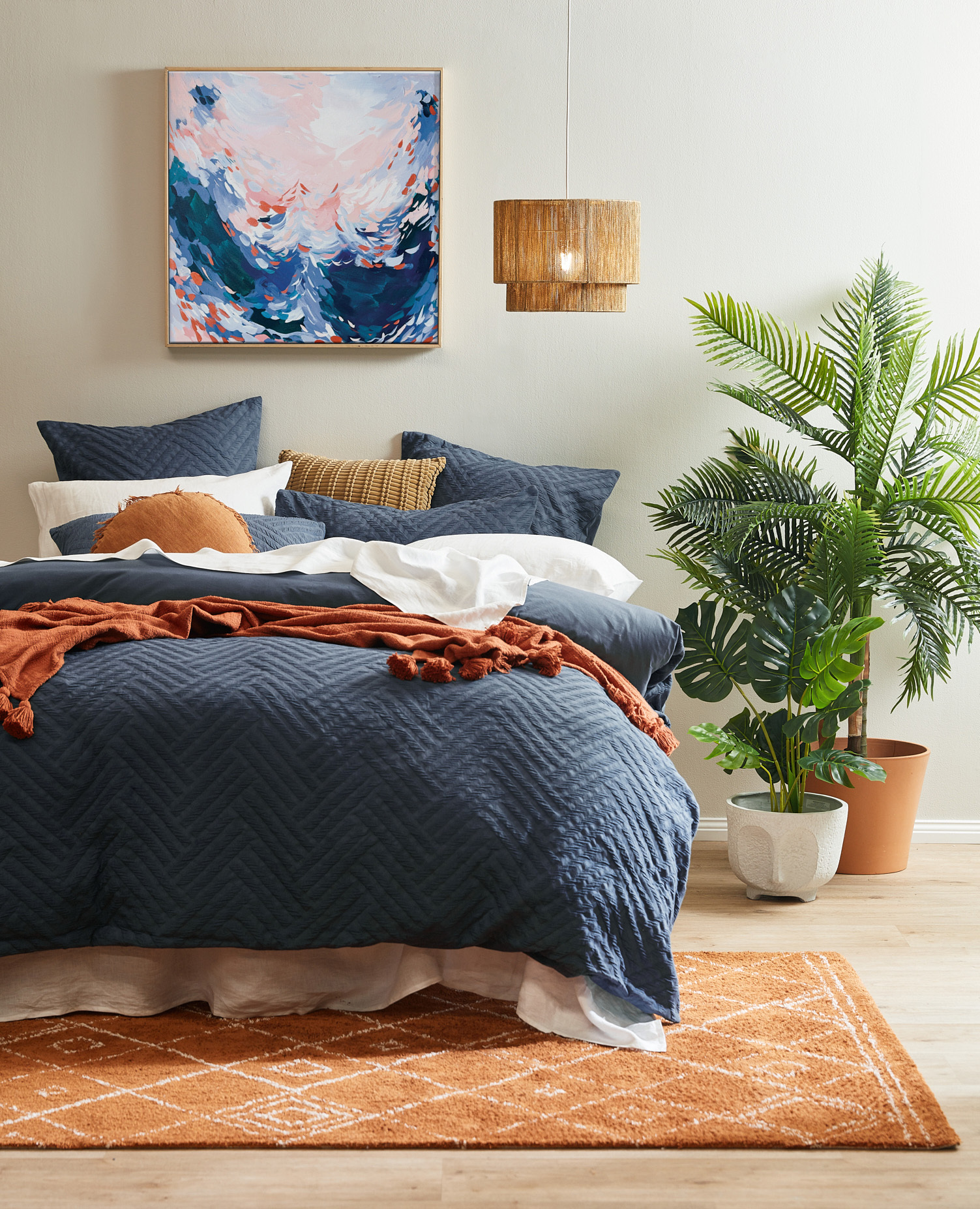 Casual Bedroom room ideas. Blue Denim Inspired Bedroom. By Temple & Webster