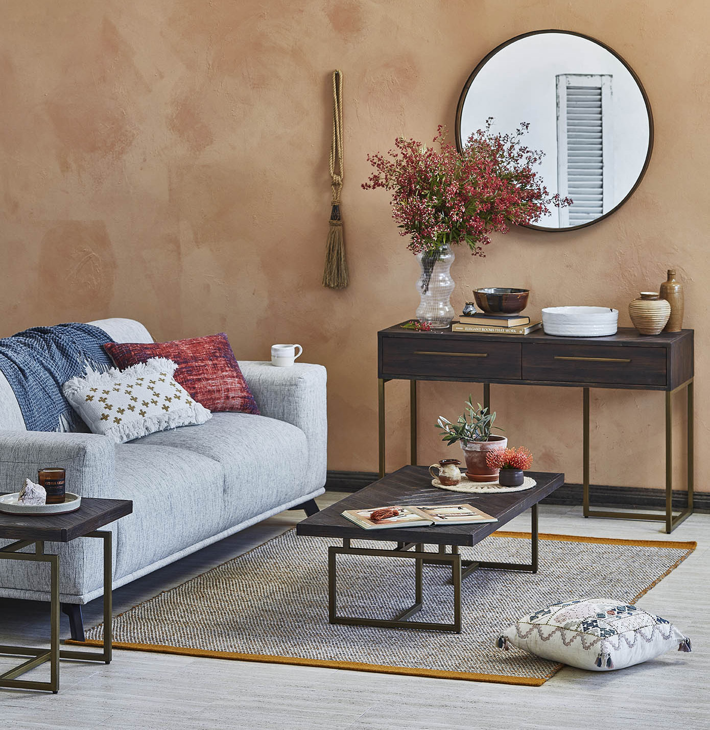 Clay Walls &amp; Dark Timber Living Room photo by Temple &amp; Webster