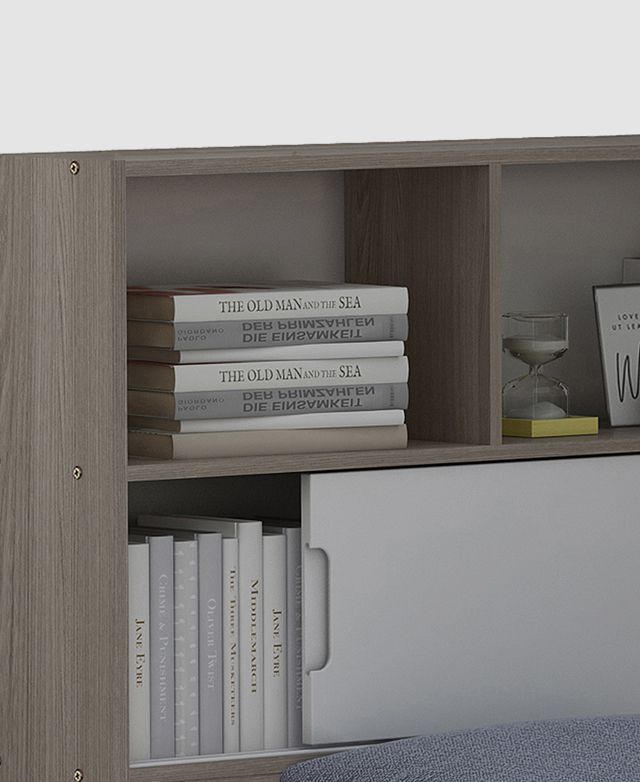 Shelves hold stacked books, an hourglass timer, and a sliding door that is just open to exhibit more books.