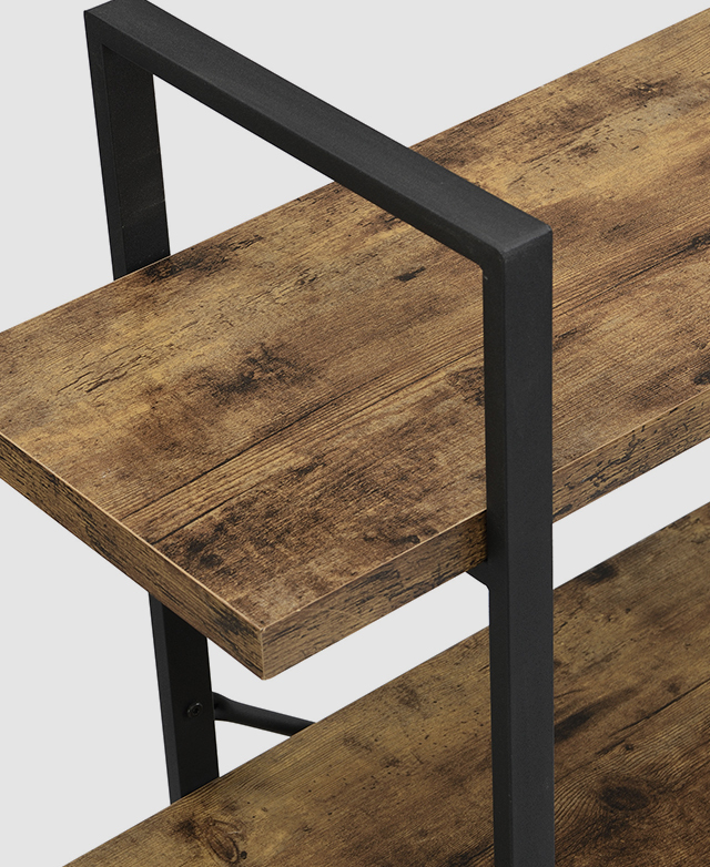 Close-up of the top of a shelving unit. The MDF shelves have a dark timber finish, and are secured by a strong steel frame. Close-up of the top of a shelving unit. The MDF shelves have a dark timber finish, and are secured by a strong steel frame.