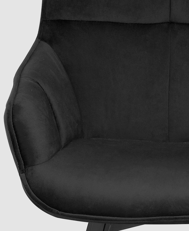 The scooped seat is shown from front on. Angled and padded armrests connect seamlessly to the backrest.
