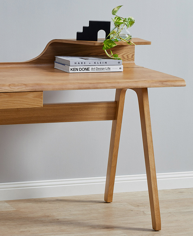 Cropped half-view of a light timber table, with a couple of books, an ornament, and a plant styled on top.