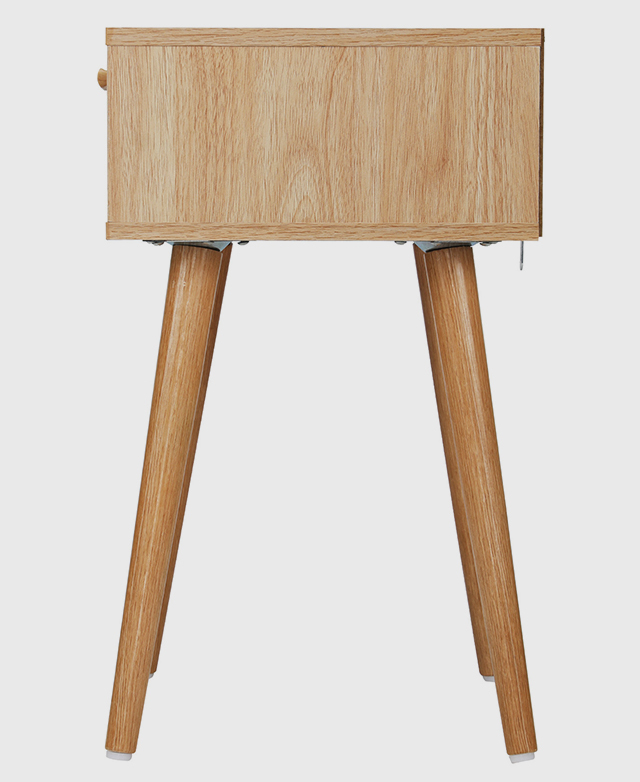 Side view of a bedside table illustrates its streamlined form. Tapered and splayed legs have floor protectors underneath.
