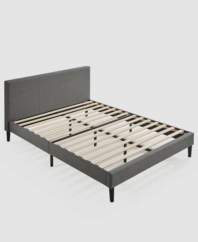 The fully assembled bed is shown at an elevated three-quarter angle. The slats & metal support beams are clearly presented.