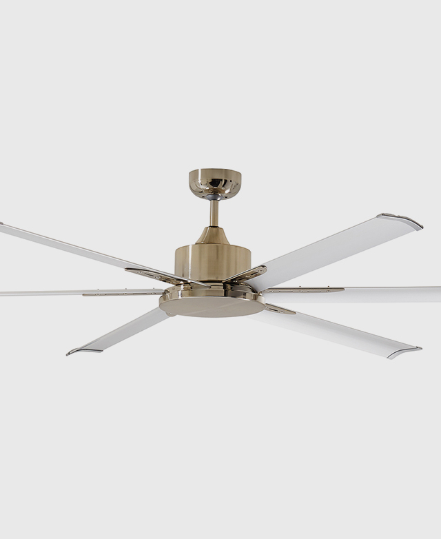 Front-on view of a ceiling fan in a nickel finish. It has six sleek aluminium blades and a shiny metal body.