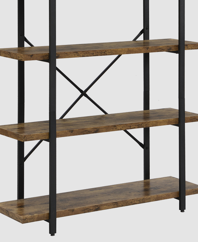 A cross-shaped brace connects the steel frame together at the back, enhancing the structure of the shelving unit. A cross-shaped brace connects the steel frame together at the back, enhancing the structure of the shelving unit.