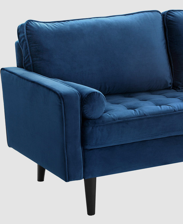 A blue sofa. Its smooth velvet upholstery has piped trims along with tufted detail on the seat cushions.