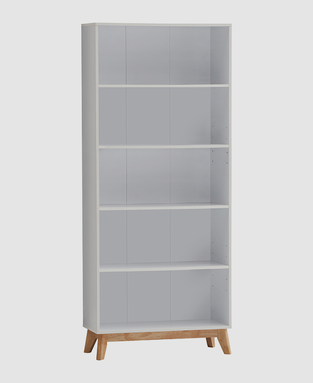 A five tier shelving unit in white and timber.