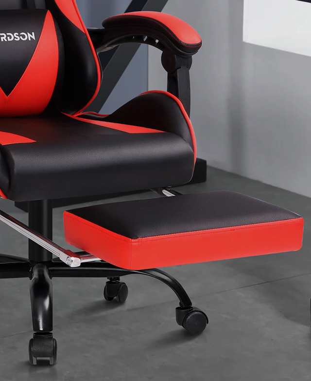 The padded rectangular footrest extends out horizontally, away from the base of the chair. The padded rectangular footrest extends out horizontally, away from the base of the chair.