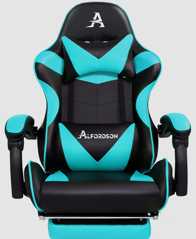 An ergonomic gaming chair seat is in focus, with a neck pillow and a lumbar support pillow providing optimal comfort. An ergonomic gaming chair seat is in focus, with a neck pillow and a lumbar support pillow providing optimal comfort.