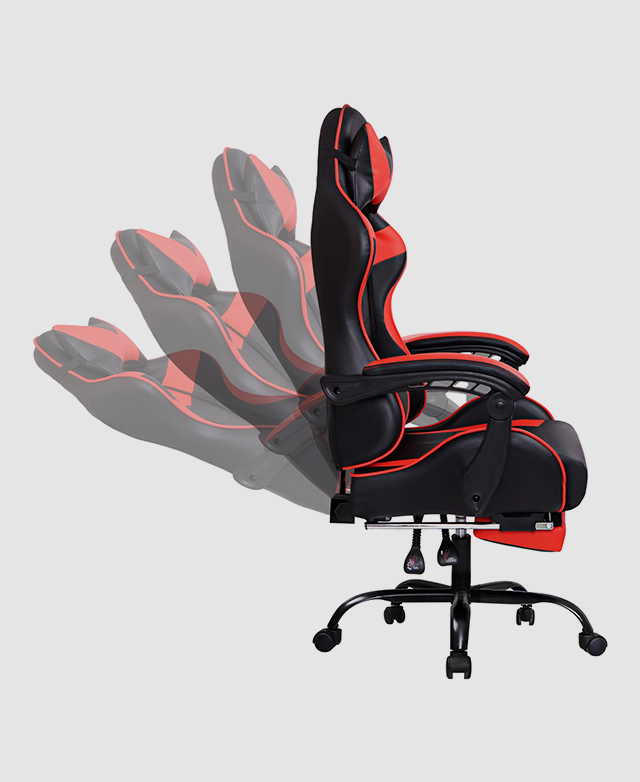 Side profile of a red faux leather gaming chair with a reclining backrest. Side profile of a red faux leather gaming chair with a reclining backrest.
