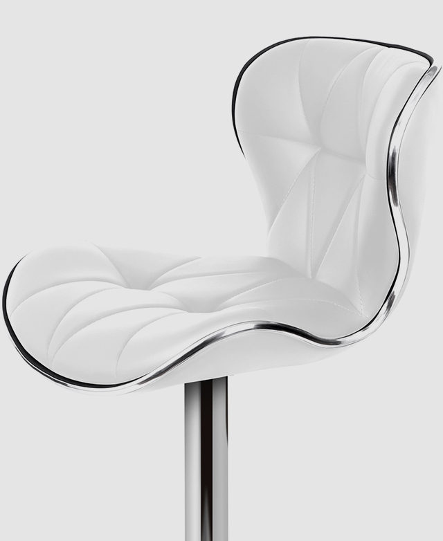 A white faux leather swivel bar stool with backrest, featuring a chrome trim around the perimeter of the diamond tufted seat. A white faux leather swivel bar stool with backrest, featuring a chrome trim around the perimeter of the diamond tufted seat.
