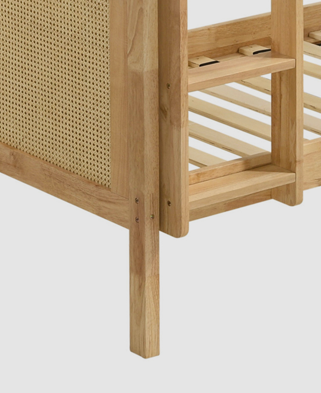 Close-up of one the bunk bed's legs highlights the metal screws holding the pieces in place.