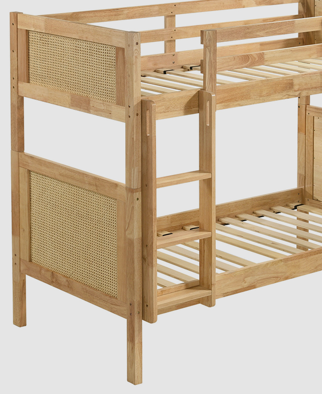 The bunk bed has a ladder with handle cutouts affixed to one end, and evenly spaced interior slats to offer mattress support.