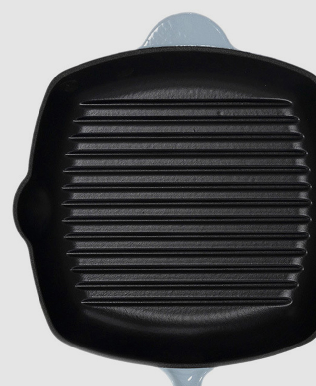 Bird's-eye view of the ridged interior of a cast iron grill pan.