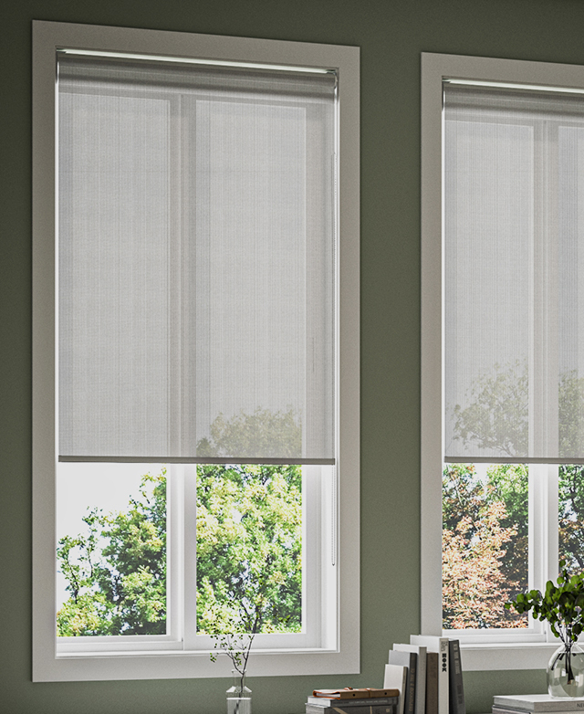 Two tall and narrow windows are each fitted with a sun filtering roller blind.