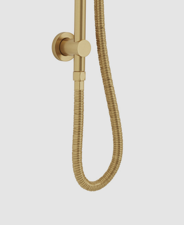 Cropped image shows where the metal coil hose connects to the shower rail