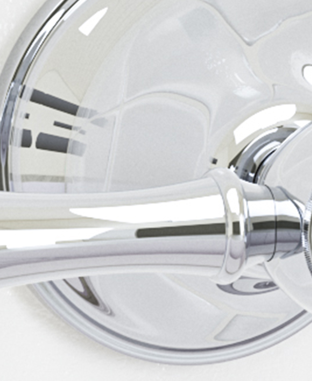 Traditional chrome lever wall tap assembly close up showing the surface composition Traditional chrome lever wall tap assembly close up showing the surface composition