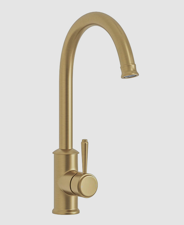 Stanwell brushed gold kitchen sink mixer against a white background