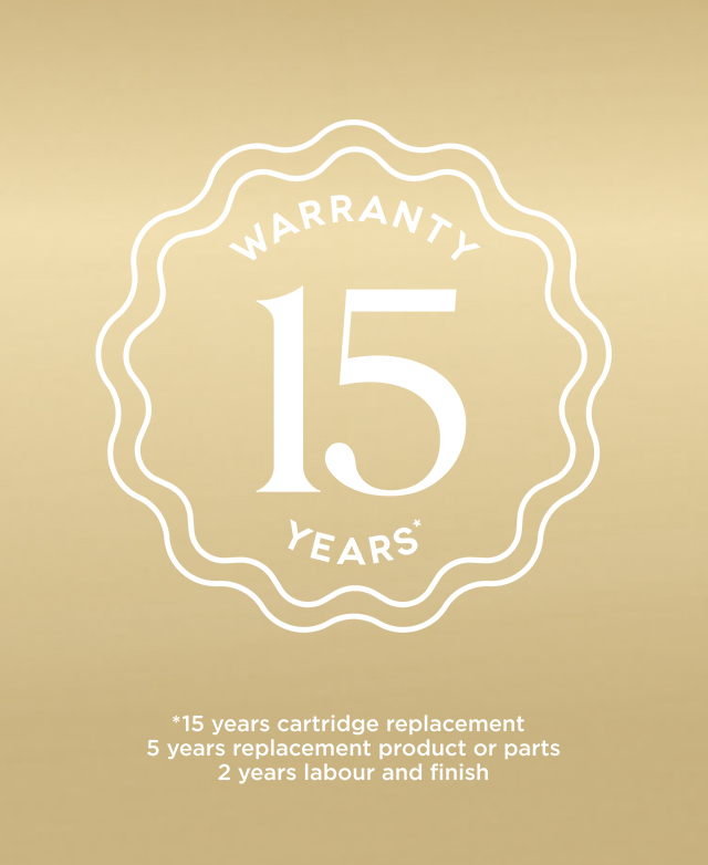 Overlay warranty logo with 15 years warranty text in it against a brushed gold background