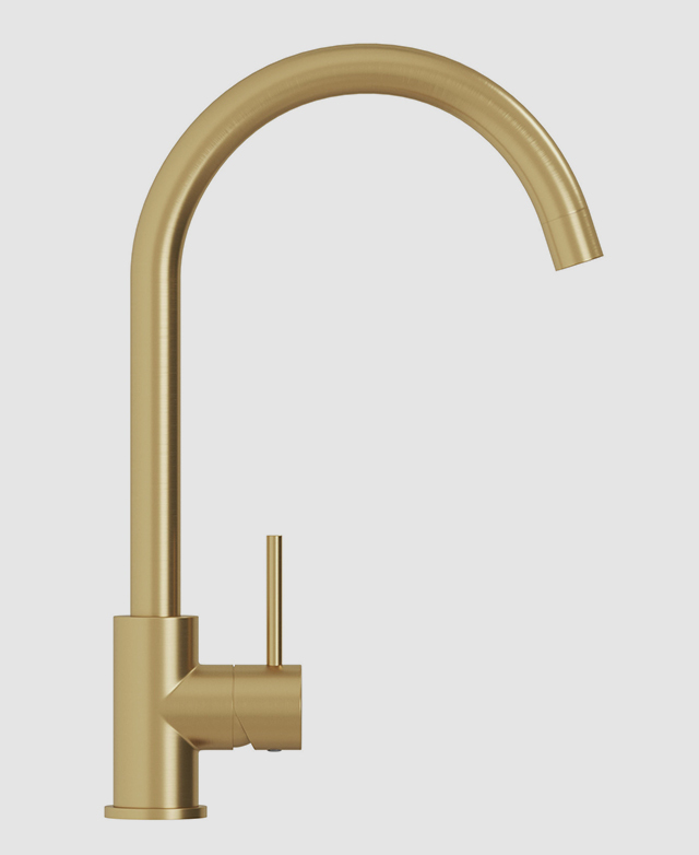 Side view of the clovelly brushed gold kitchen sink mixer against a white background