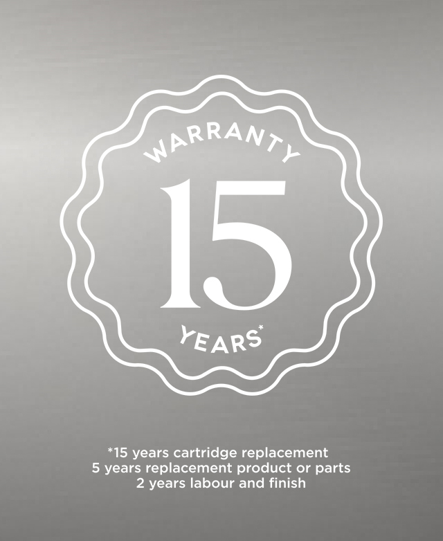 Overlay of warranty logo with 15 years warranty text on a brushed nickel background