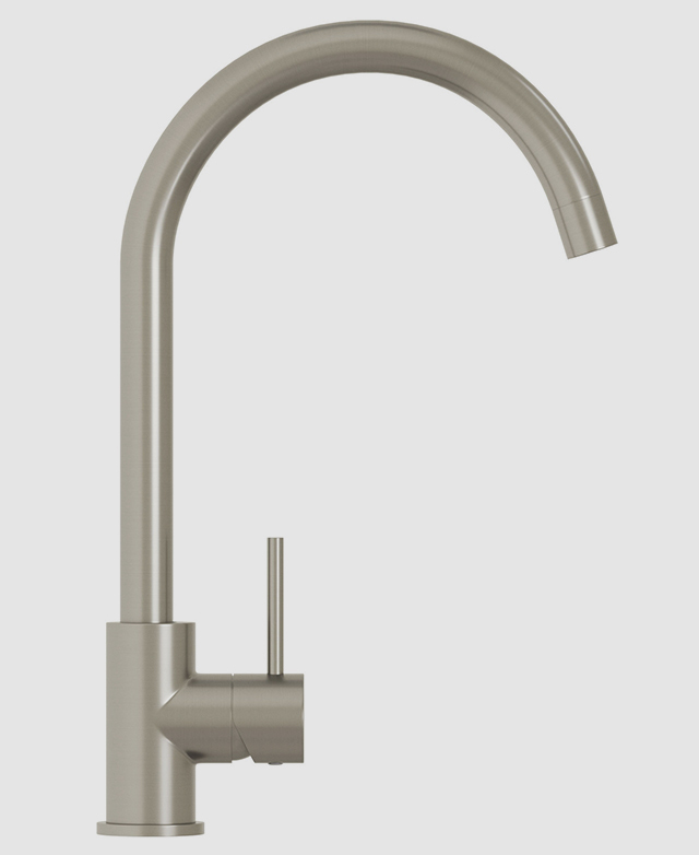 Side view of the Clovelly brushed nickel kitchen sink mixer on a white background. Side view of the Clovelly brushed nickel kitchen sink mixer on a white background.