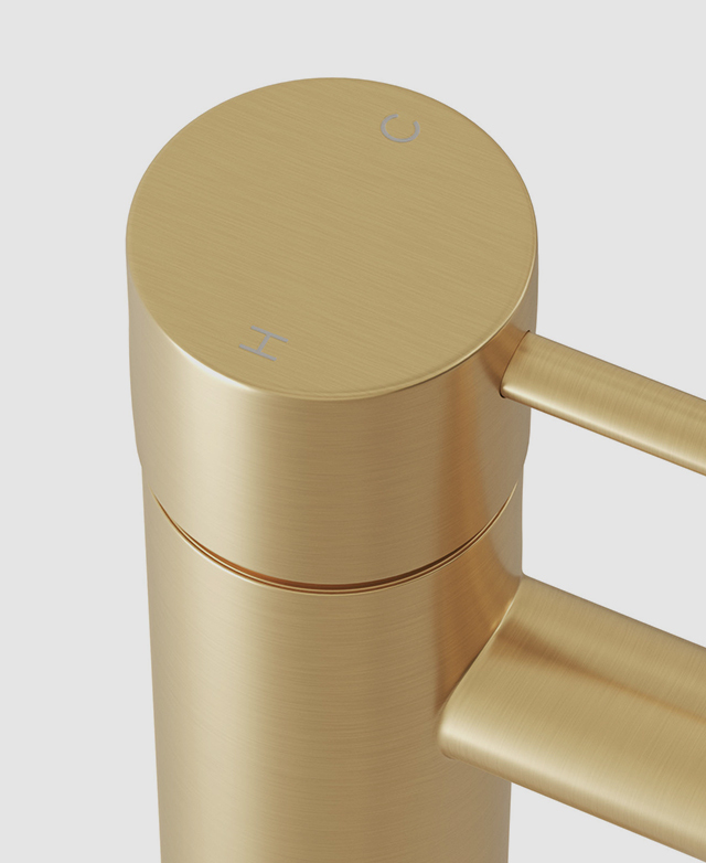 Top view of the clovelly brushed gold mixer with the 'H' and 'C' for temperature guidance near the pin lever