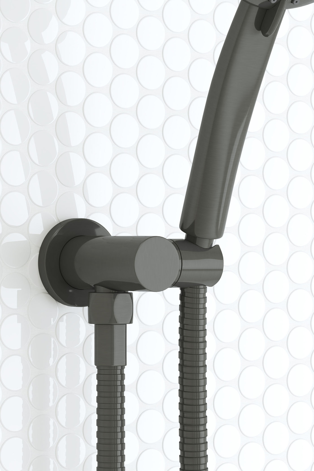 Close up of the wall bracket showing the consistent Gunmetal colour, and the smooth surface of the strong durable PVD coating. A white penny round tile background on shower wall.