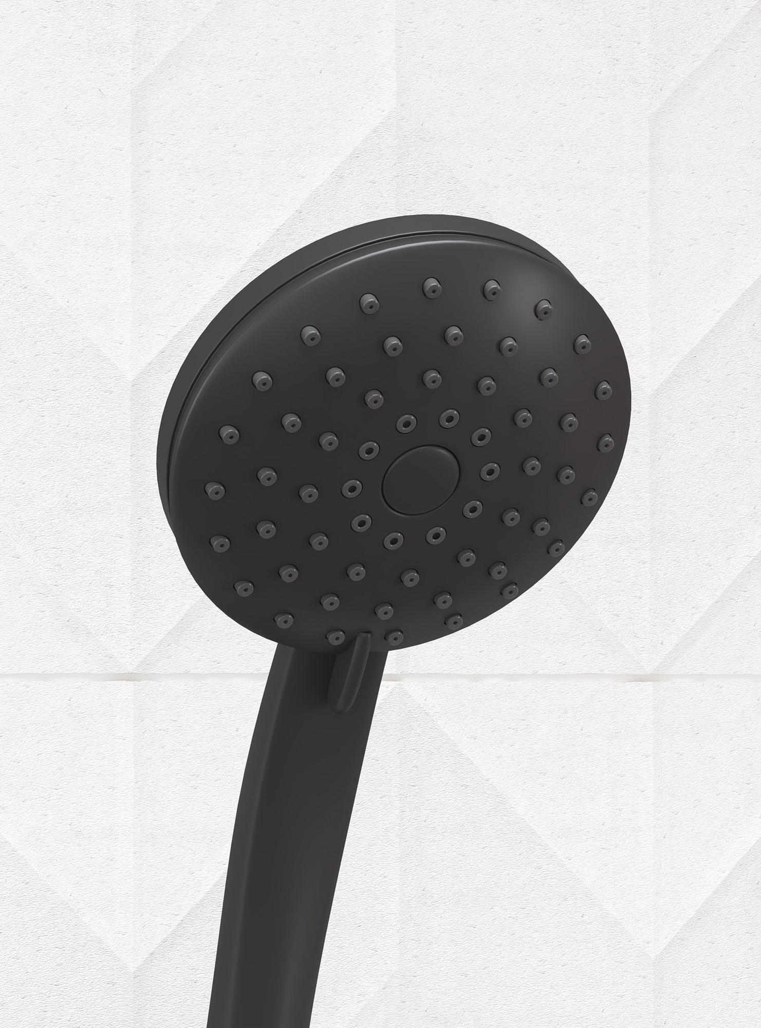 Round matte black shower hand piece close up of shower nozzle pattern and the lever for water pattern selecting