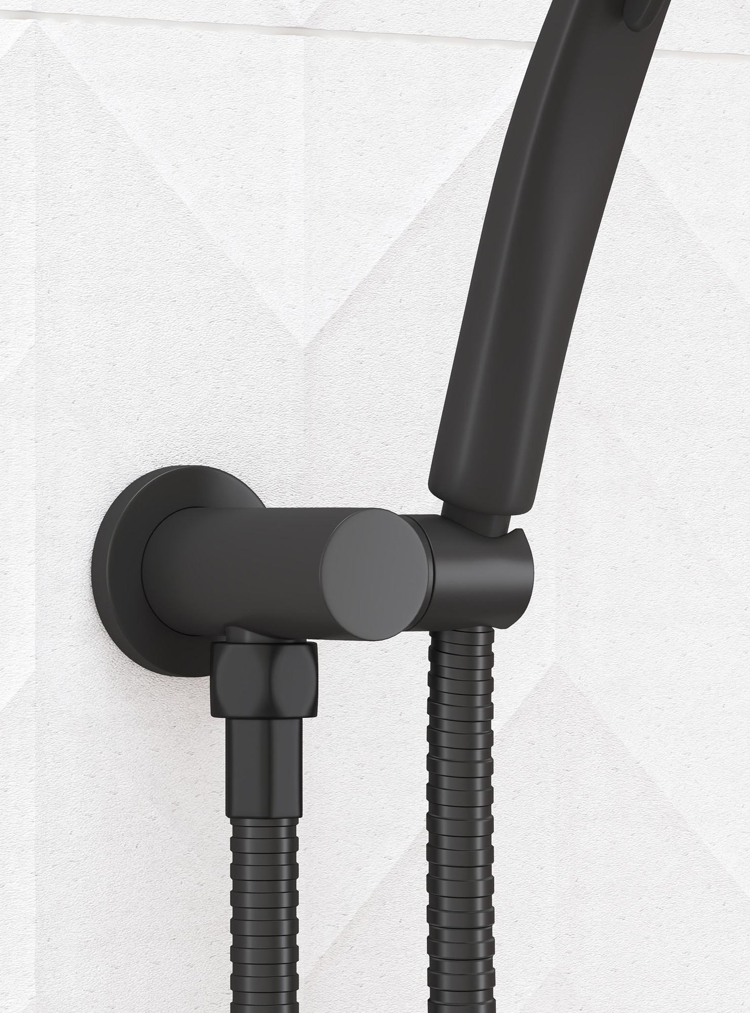 wall mounted matte black shower hand piece bracket close up showing the electroplated finish with a white tile background