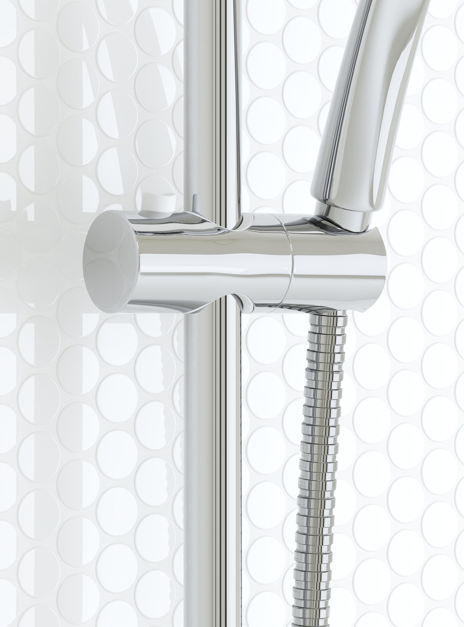 Close up image of the chrome slider bracket with push button release for optimal range of positioning the shower hand piece along the chrome bar. A white penny round tile background in the shower.